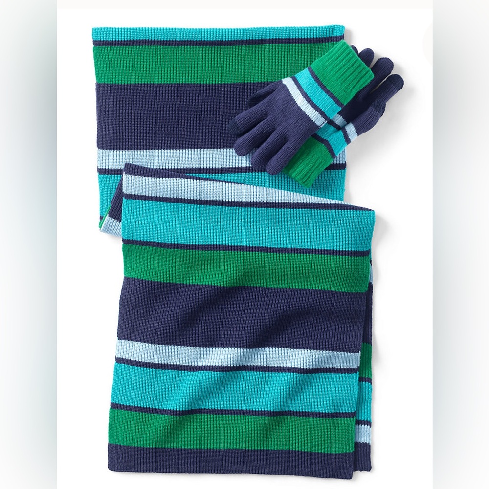 Land’s End Mens Scarf and Gloves Set in Deep Sea Navy Multi Stripe